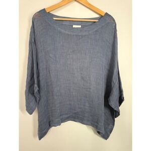 Pure Jill 100% Linen Oversized Boxy Dolman Sleeve Top Blue Size L Blouse Coastal